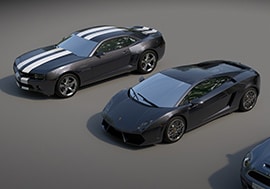 Několik automobilů - Lamborghini, Dodge, Mini Cooper.